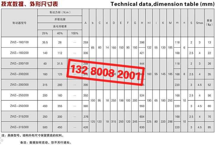 ZWZ3系列直流電磁鼓式制動(dòng)器技術(shù)數(shù)據(jù)、外形尺寸表